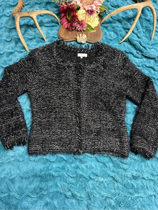 1. State Sweaters - 1.STATE Women’s Large Black White Marled Fuzzy Open Front Wool Blend Cardigan